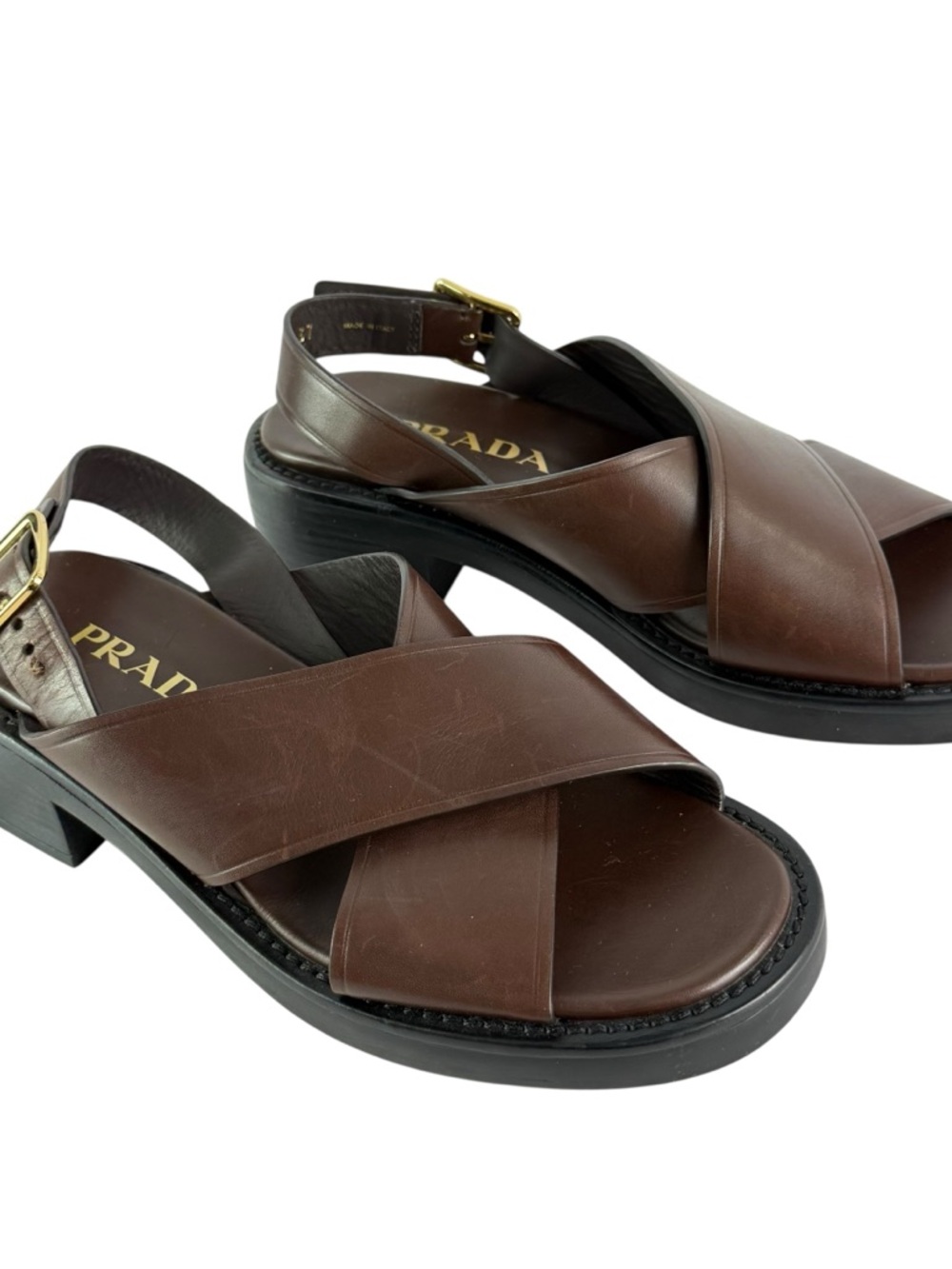 PRADA Brown Sandali Block Crisscross Slingback Sandals 37 - 7 US Made in Italy - Picture 5 of 12